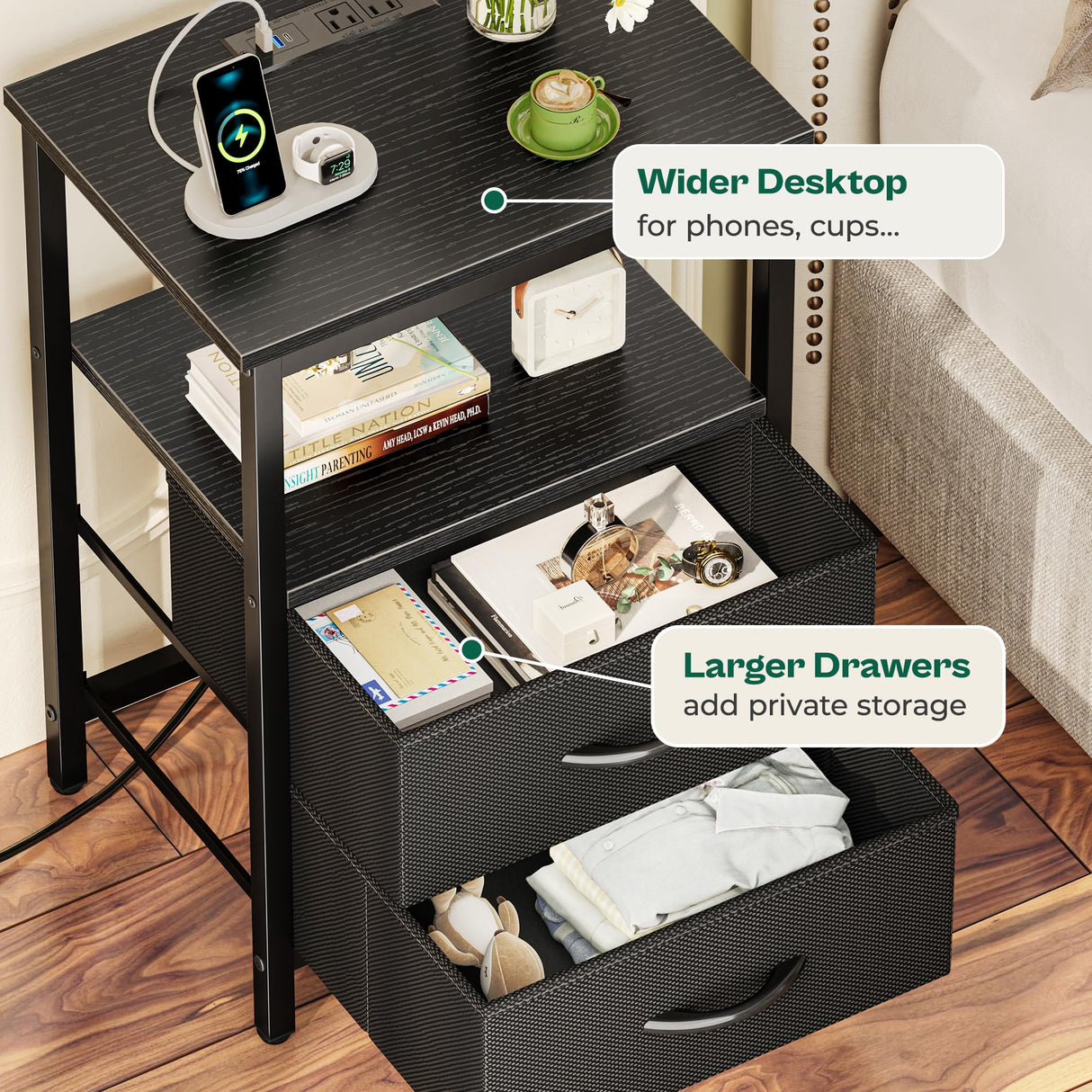 Huuger Night Stand with Charger Station and LED Lights, 2 Drawer Nightstand, Bed Side Table with Open Shelf, End Table, Fabric Dresser for Bedroom, Black Huuger