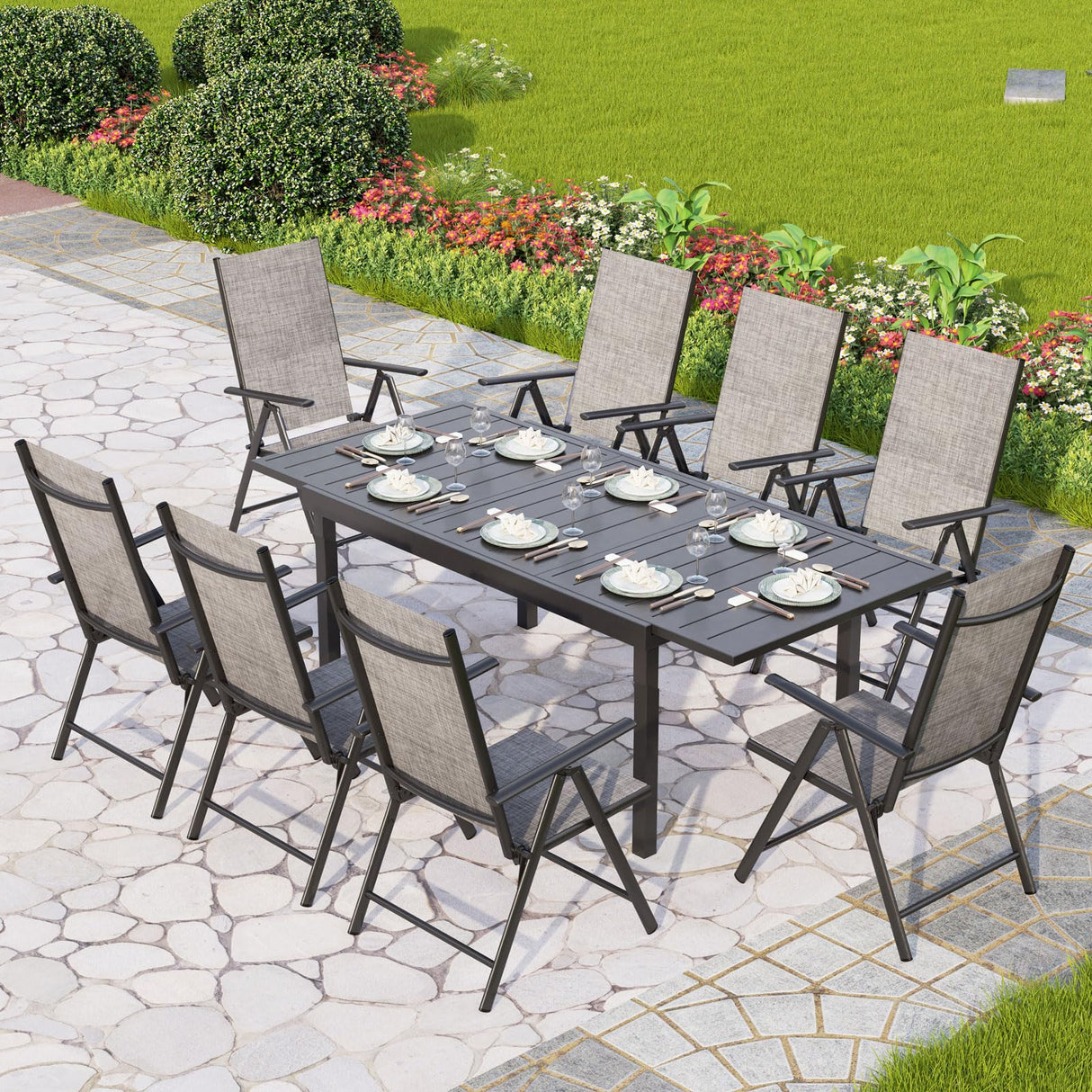 PHI VILLA 9 Piece Outdoor Dining Set, All Weather Furniture Patio Table and Chairs for 8 with Adjustable Lightweight Patio Folding Dining Chairs (Grey) & Extendable Metal Table for Garden, Yard PHI VILLA