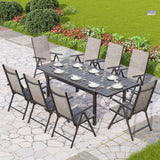 PHI VILLA 9 Piece Outdoor Dining Set, All Weather Furniture Patio Table and Chairs for 8 with Adjustable Lightweight Patio Folding Dining Chairs (Grey) & Extendable Metal Table for Garden, Yard PHI VILLA