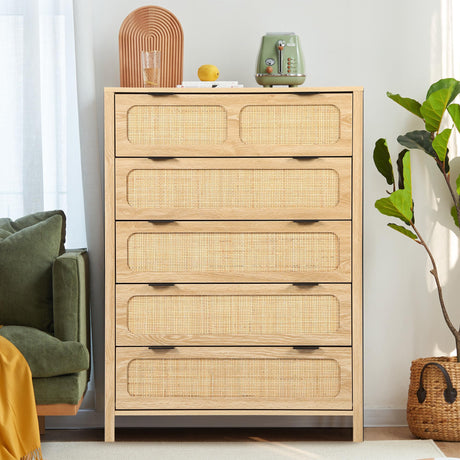 LEVNARY 5 Drawer Chest Dresser, Rattan Tall Dresser 5 Chest of Drawers for Bedroom, Wood Storage Cane Cabinet with Metal Handles, for Living Room, Hallway, Nursery (Natural) LEVNARY