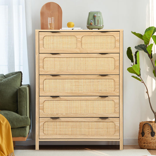 LEVNARY 5 Drawer Chest Dresser, Rattan Tall Dresser 5 Chest of Drawers for Bedroom, Wood Storage Cane Cabinet with Metal Handles, for Living Room, Hallway, Nursery (Natural) - WoodArtSupply