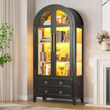 EOAWE Arched Curio Cabinet with Glass Doors, 4-Tier Display Cabinet with 2 Drawers, Tall Bookcase with 3 Color Lights, Display Case, Kitchen Pantry, Black+Wood EOAWE