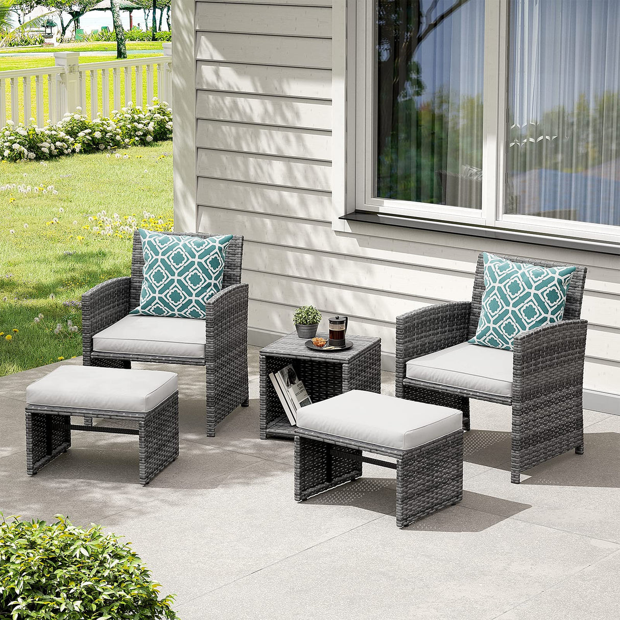 OC Orange-Casual 8 Pieces Patio Furniture Conversation Set, Outdoor Wicker Bistro Set, All Weather Loveseat Chairs with Ottoman & Coffee Table, Grey Rattan with White Cushion (Taupe Cover Included) OC Orange-Casual