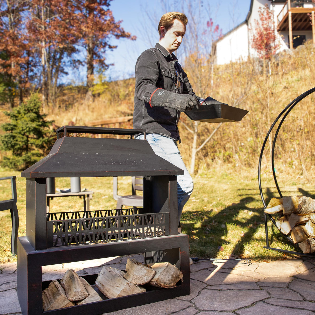 Sunnydaze Backyard Blaze 35-Inch H Heavy-Duty Steel Outdoor Fireplace with Built-in Log Storage - Includes Protective Cover - Brushed Bronze Sunnydaze