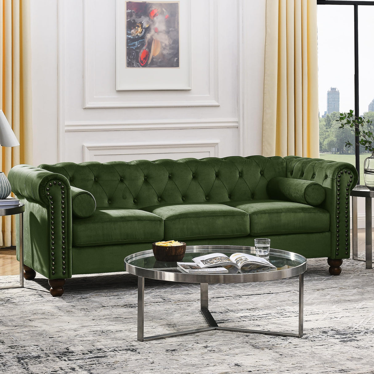 Asucoora Tufted Velvet Sofa Couch for Living Room, Rolled Arm 3-Seater Sofa Couch with Nailhead Trim and 2 Neck Roll Pillows, Small Apartment Chesterfield Sofa Green Asucoora