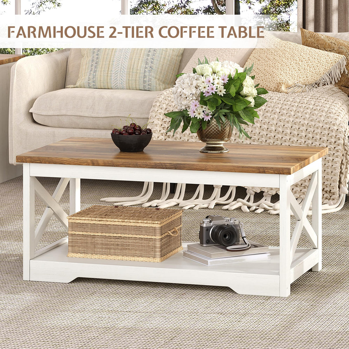LUXOAK 3-Piece Farmhouse Living Room Table Sets, Includes 1 x Coffee Table, 2 x End Tables with Charging Station & USB Ports, Rustic Coffee Table Set of 3, Distressed White LUXOAK