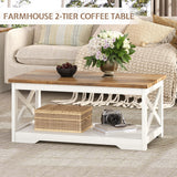 LUXOAK 3-Piece Farmhouse Living Room Table Sets, Includes 1 x Coffee Table, 2 x End Tables with Charging Station & USB Ports, Rustic Coffee Table Set of 3, Distressed White LUXOAK
