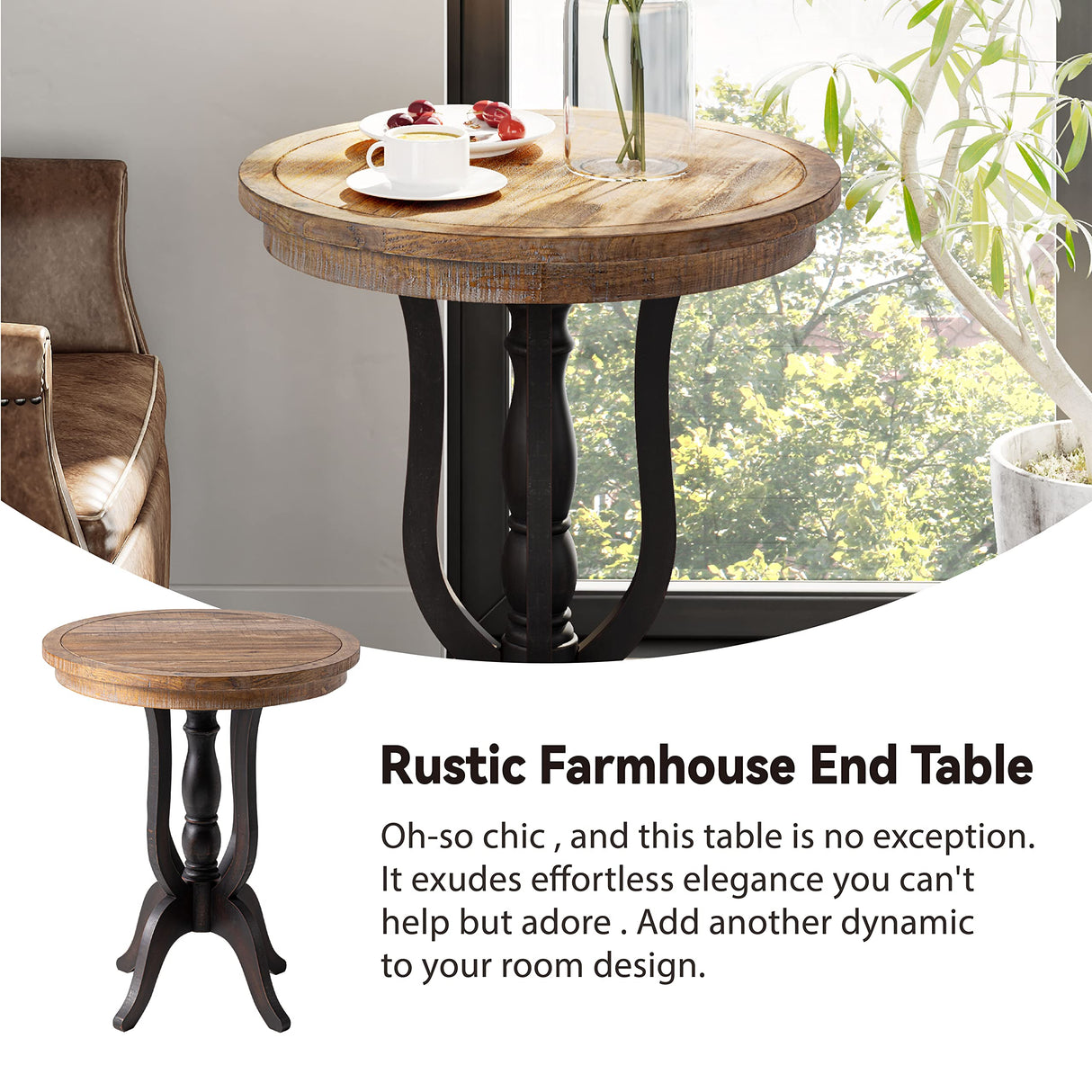 LONYKE Rustic Accent End Table, Farmhouse Side Table with Natural Top for Family, Dining or Living Room, Handcrafted Finish, Black LONYKE