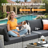 Outdoor Sectional Patio Furniture Set with Fire Pit Table and Glowing Table,8 Pieces Wicker Conversation Sets L Shaped Couch Out Door Sofa Set Outside Furniture for Garden Deck Yard,Black POUUIN