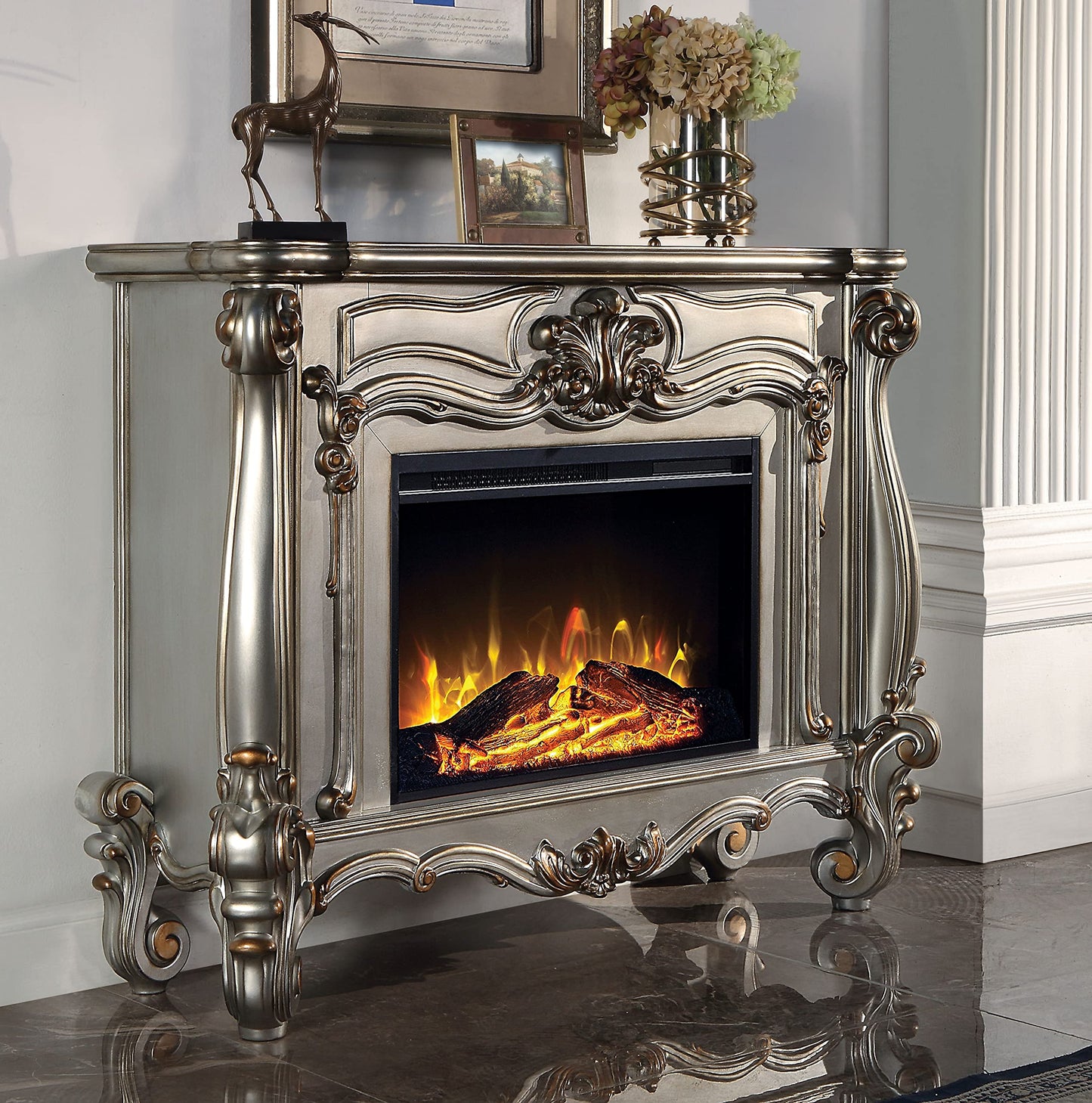 Acme Versailles Rectangular Carving Wooden Frame Fireplace in Antique Platinum