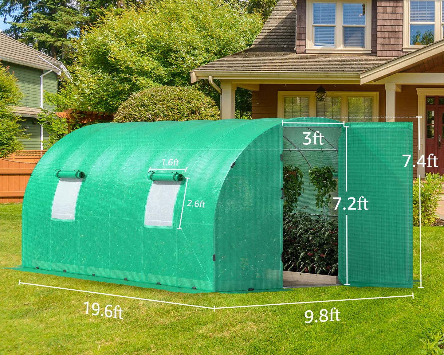 Papababe 20x10x7.5 FT Extra high Large Walk-in Greenhouse for Outdoors, Upgraded Swing Door, Heavy Duty Galvanized Steel Frame Tunnel Greenhouse kit, Reinforced PE Cover & Film Clips, Green - WoodArtSupply