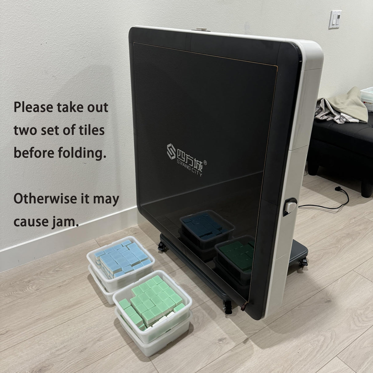 Sifang City (42mm/1.6inch) Chinese Style Folding Automatic Mahjong Table, American 110V, 8ft Cable, Includes 2 Dices, Glass Table Cover, 2 Sets Jade Style 144 Tiles (42mm White) 四方城42号玉石牌可折叠麻将机 SXTL