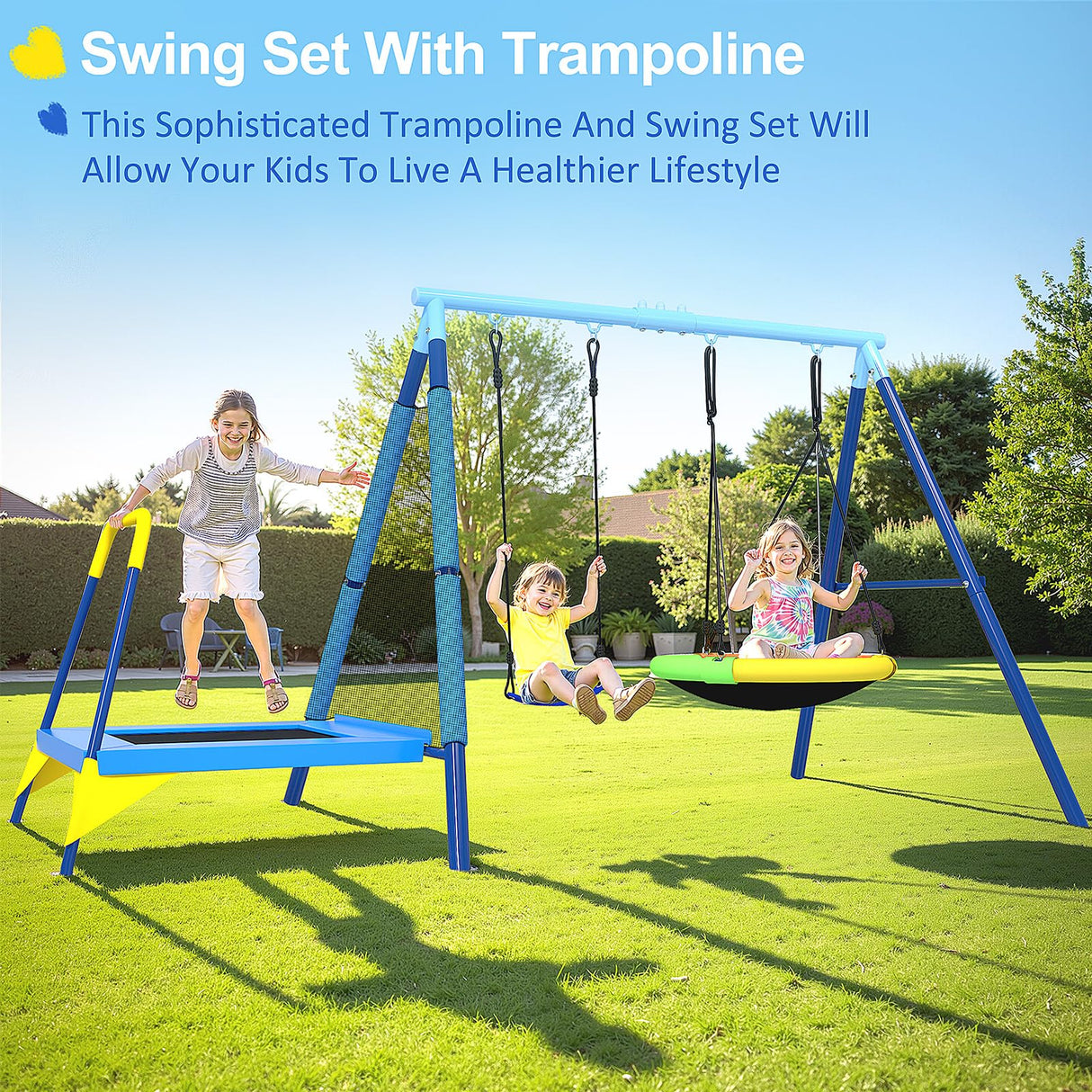 440lbs Kids Swing Set, 3-in-1 Outdoor Playground with Saucer Swing, Belt Seat & 4ft Trampoline, Heavy Duty A-Frame Metal Stand & Safety Stakes, Backyard Playset for Toddlers 3-8 Years Old JYGOPLA