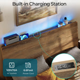 LINSY Wood Bed Frame, Full Bed Frame with Headboard LED, Wooden Platform Frames with Charging Station, No Box Spring Needed, Easy Assembly, Rustic Brown LINSY