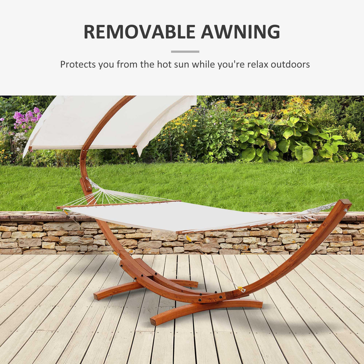 Outsunny 13FT Wooden Arc Hammock with Canopy, Outdoor Hammock Bed with Wood Arc Stand for Patio Balcony Garden Backyard, White Outsunny