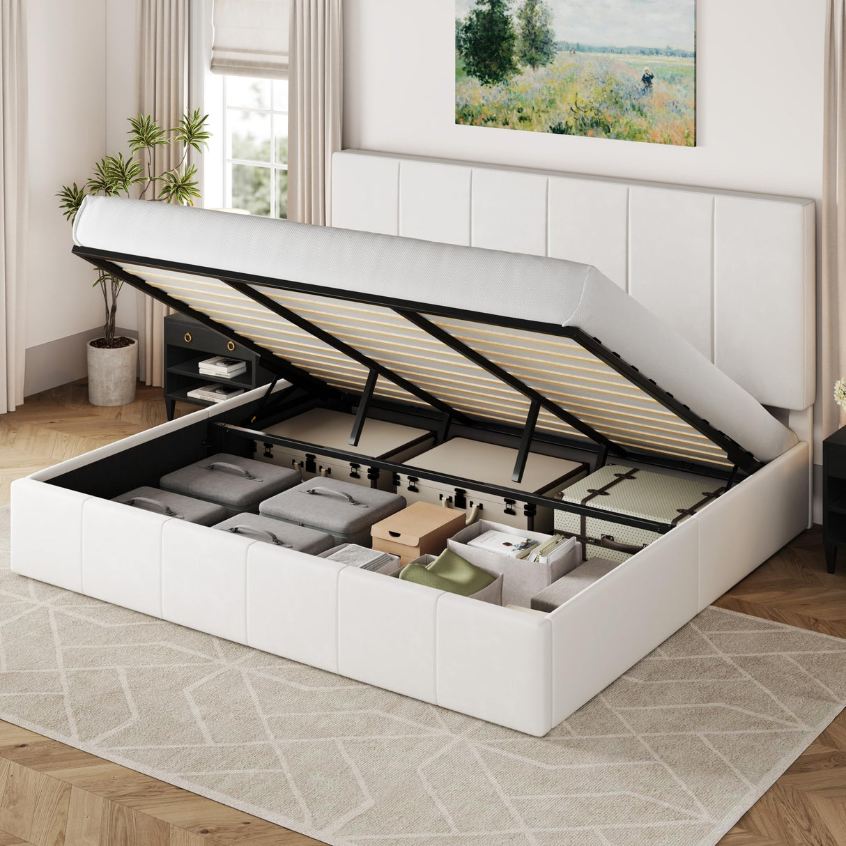 Allewie King Size Velvet Lift Up Storage Bed Frame, Vertical Channel Tufted Headboard, Hydrualic Underneath Storage, Upholstered Platform Bed, Wooden Slats Support, No Box Spring Needed, White Allewie