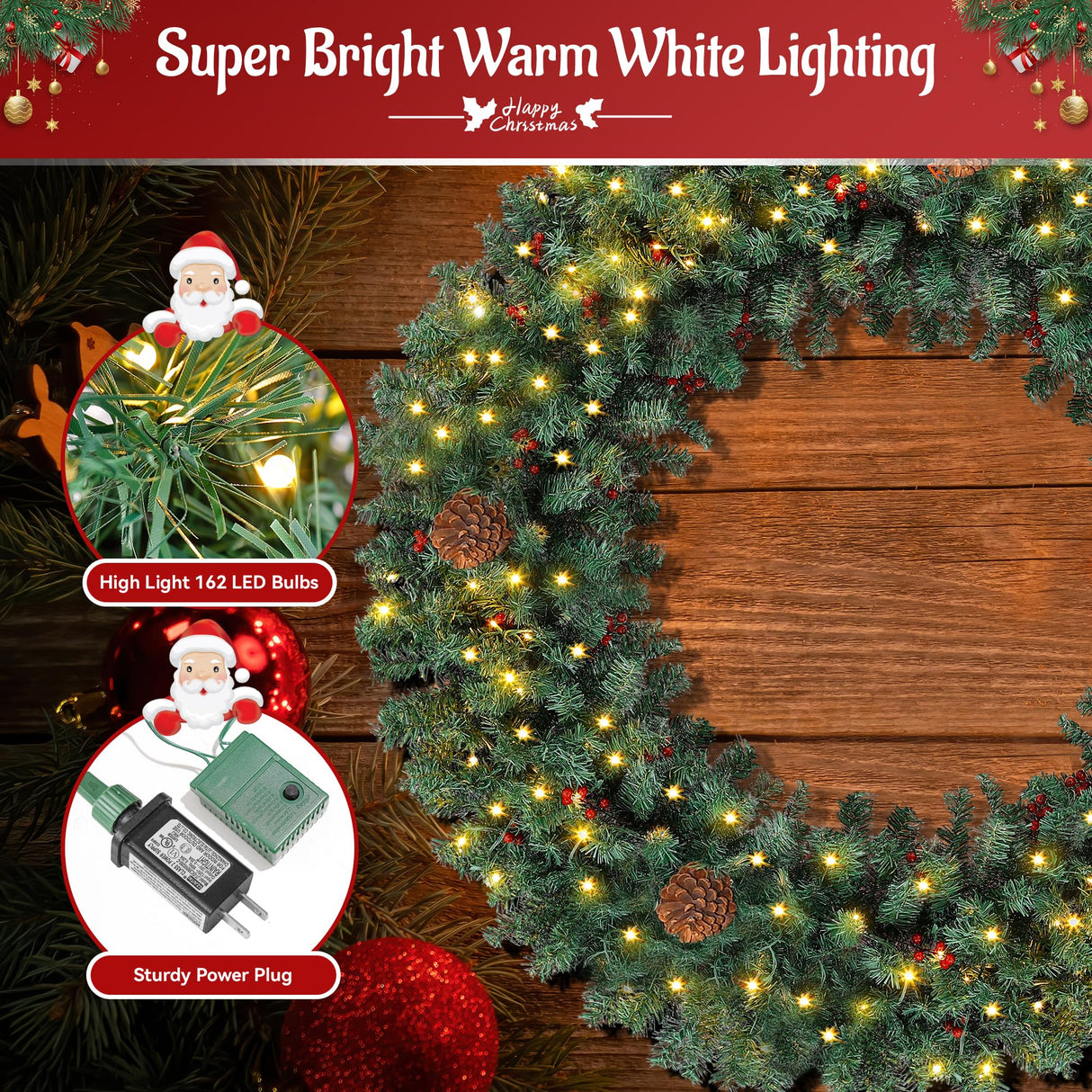 Prelit Christmas Wreath 48 Inches Large Outdoor Christmas Wreath 162 Warm White LED Lights, Artificial Lighted Christmas Wreath Winter Wreath with 460 PVC Tips Vivid Pine Cones and Berry Clusters Abbrevi