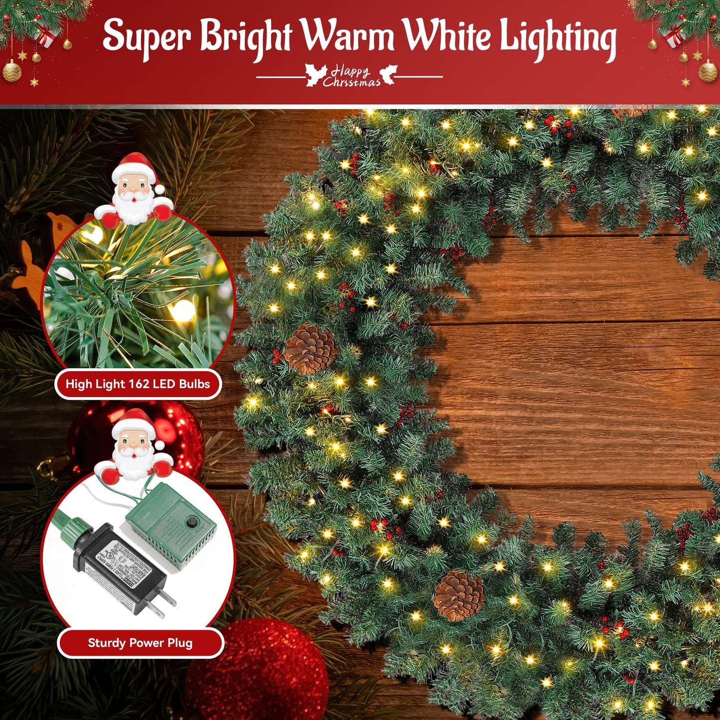 Prelit Christmas Wreath 48 Inches Large Outdoor Christmas Wreath 162 Warm White LED Lights, Artificial Lighted Christmas Wreath Winter Wreath with 460 PVC Tips Vivid Pine Cones and Berry Clusters