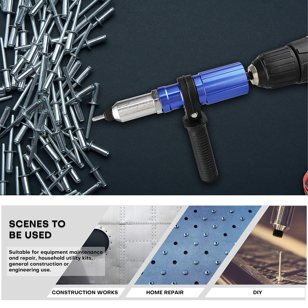 wesleydrill Rivet Gun Adapter Kit,Professional Riveting Insert Nut Hand Tool Kit,2.4/3.2/4.0/4.8mm Diameter Rivet Head, Aluminum Housing, Fit for Cordless Drill,Sheet Metal Work wesleydrill