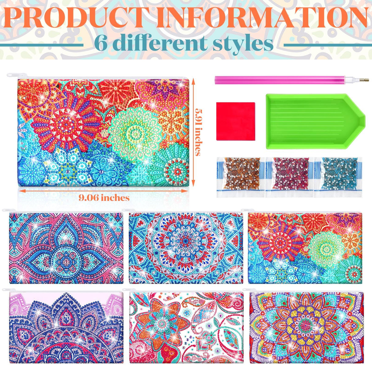 Sweetude 6 Pcs Mandala DIY Diamond Painting Purses Toiletry 5D DIY Makeup Bags Handmade Rhinestone Design Diamond Painting Cosmetic Bags Bulk with Zipper for Women Christmas Gift Sweetude