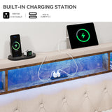 DWVO King Bed Frame with Upholstered Headboard, Platform Bed Frame with LED Lights & Charging Station, No Box Spring Needed, Beige DWVO