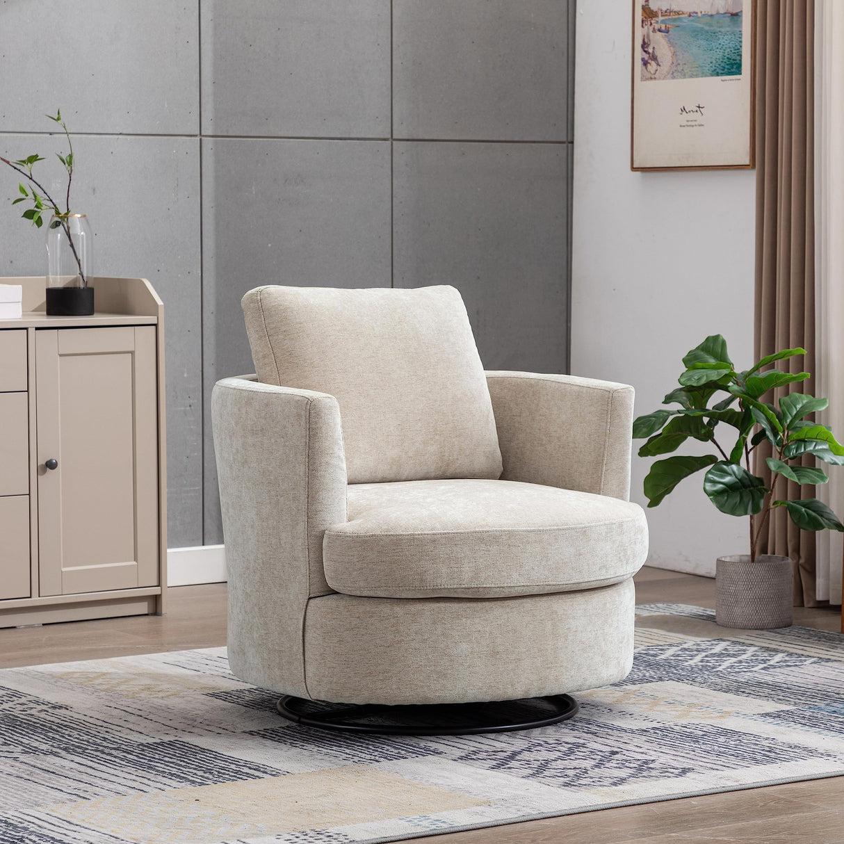 ODUWA Swivel Barrel Chair,31.9" W Modern Round Accent Arm Chairs Upholstered Comfy 360 Degree Swivel Single Circle Club Sofa Chair for Nursery Living Room Bedroom, Beige ODUWA