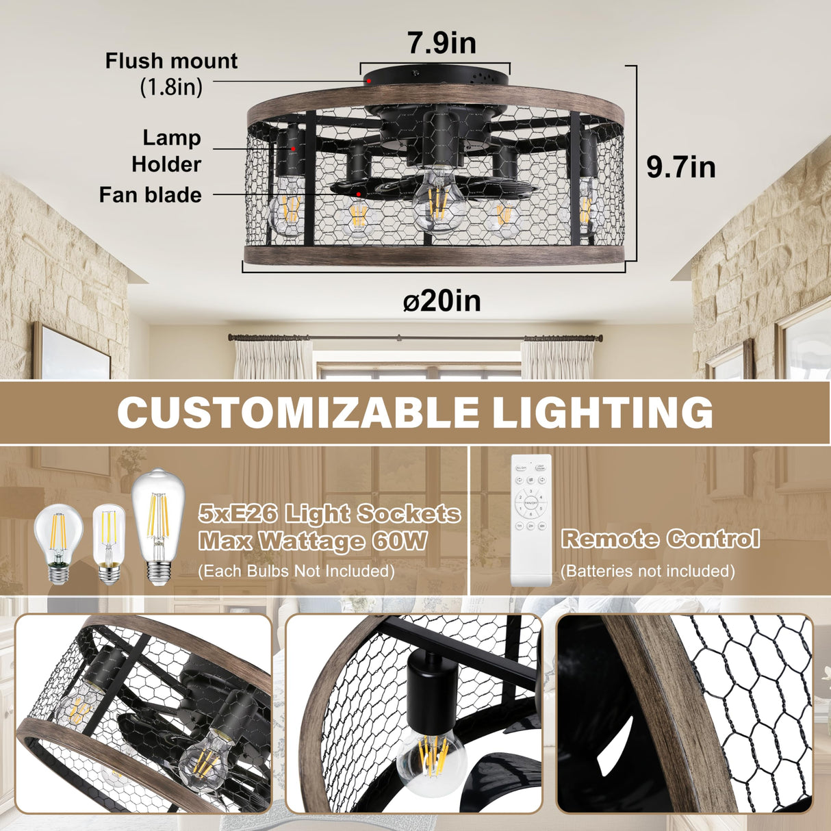 Ohniyou 20'' Flush Mount Caged Ceiling Fan with Lights Remote Control, Farmhouse Rustic Low Profile Small Vintage Enclosed Ceiling Fan Lighting Fixture Bedroom Dining Room Ohniyou