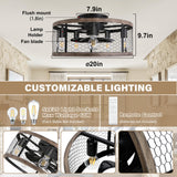 Ohniyou 20'' Flush Mount Caged Ceiling Fan with Lights Remote Control, Farmhouse Rustic Low Profile Small Vintage Enclosed Ceiling Fan Lighting Fixture Bedroom Dining Room Ohniyou