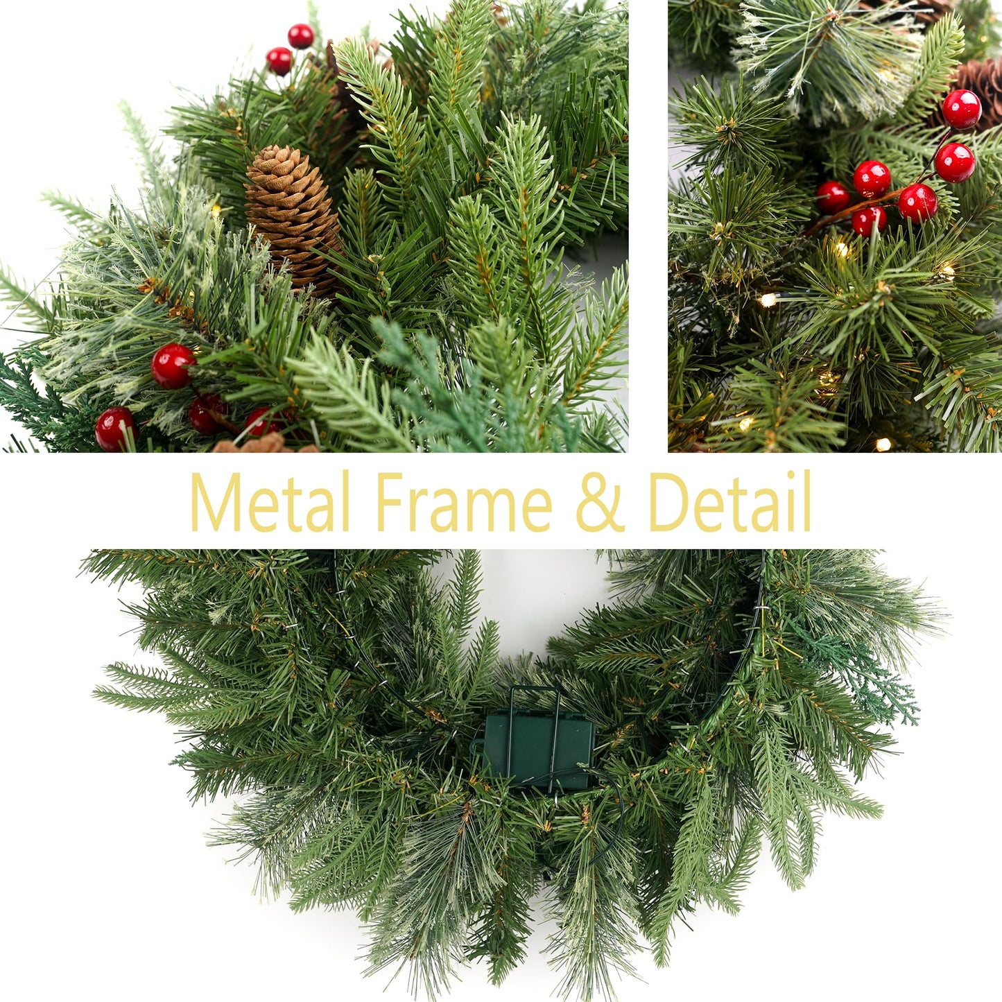 Christmas Wreath Pre-lit 24 inch with 50 Light & Pine Cone, Artificial Christmas Wreaths for Front Door with Lights, Wreath for Christmas Decoration Door Windows Wall Green