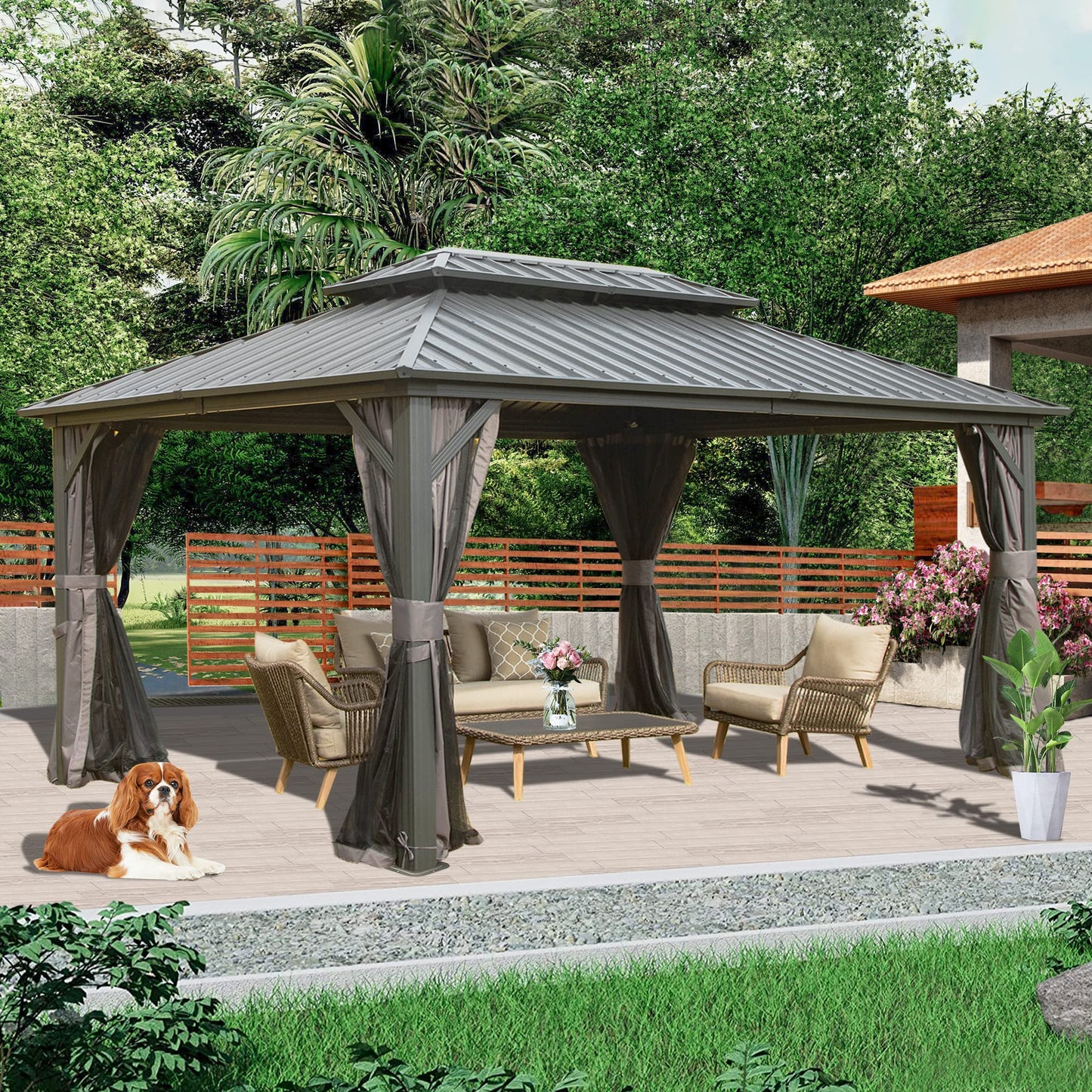 Domi 12' X 16' Hardtop Gazebo, Aluminum Metal Gazebo with Galvanized Steel Double Roof Canopy, Curtain and Netting, Permanent Gazebo Pavilion for Patio, Backyard, Deck, Lawn… - WoodArtSupply