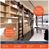 HARDJULAN 108" Black Sliding Library Ladder with 4FT Telescopic Hook Track – Lightweight Aluminum Rolling Ladder with Braking Wheels, Kit for Home, Loft, and Bookshelves HARDJULAN