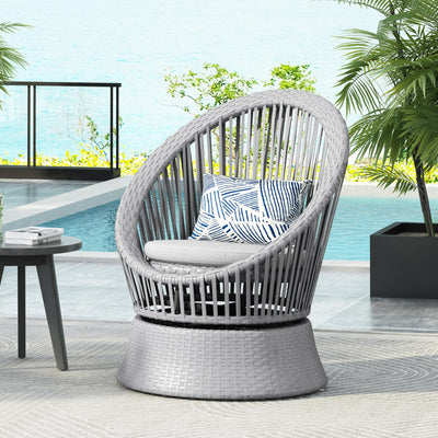 Christopher Knight Home Banes Egg-Shaped Wicker Lounge Chair Outdoor, Iron Frame Egg Chair Outdoor with Removable Cushion, Comfy Reading Chair for Garden Backyard Balcony Poolside, Grey