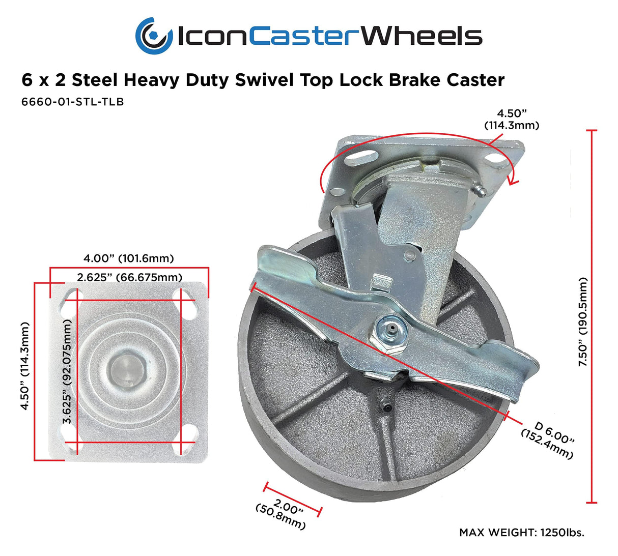 IconCasterWheels 6" x 2" Steel Heavy Duty Caster, Set of 4 Industrial Casters | 2 Swivel Top Lock Brake Caster & 2 Rigid Top Plate Caster | Top Plate 4 x 4.5, Load Capacity 4,800 lbs per Set (4-Pack) ICONCASTERWHEELS