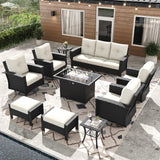 FUARTIO 10 Pieces Outdoor Patio Furniture Set with Fire Pit Table, Wicker Patio Sectional Set Conversation Wicker Swivel Chairs with Small Side Table FUARTIO