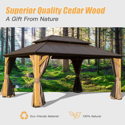 Domi 12x16FT Cedar Wood Gazebo, Solid Wood Hardtop Gazebo with Galvanized Steel Double Roof, Netting & Curtains, Outdoor Gazebo for Patio, Backyard, Deck, Lawns - WoodArtSupply