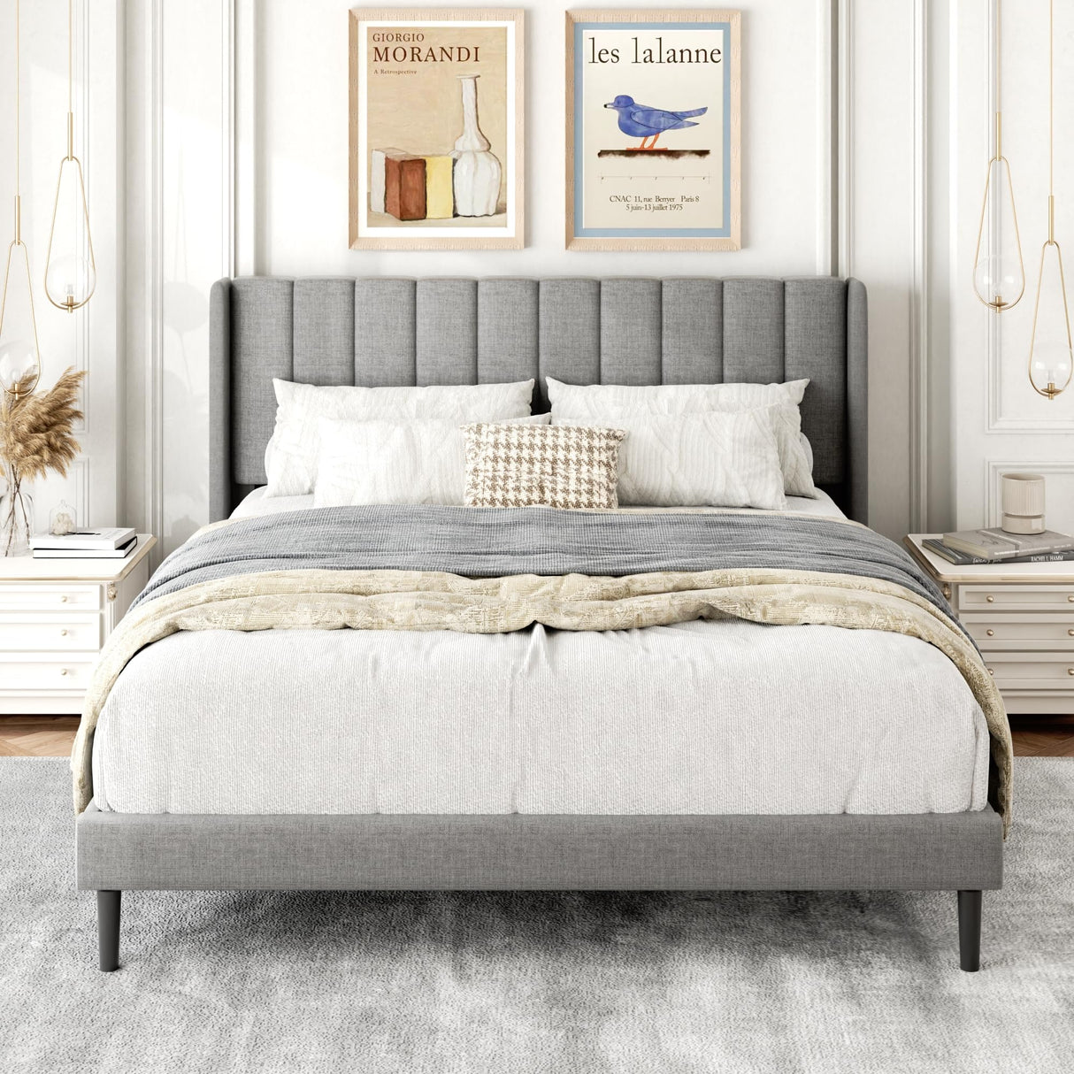 Gruwans Queen Size Bed Frame with Upholstered Wingback Headboard, Easy Assemnly Platform Bed, Wooden Slat Support No Box Spring Needed, Light Gray Gruwans