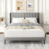 Gruwans Queen Size Bed Frame with Upholstered Wingback Headboard, Easy Assemnly Platform Bed, Wooden Slat Support No Box Spring Needed, Light Gray Gruwans