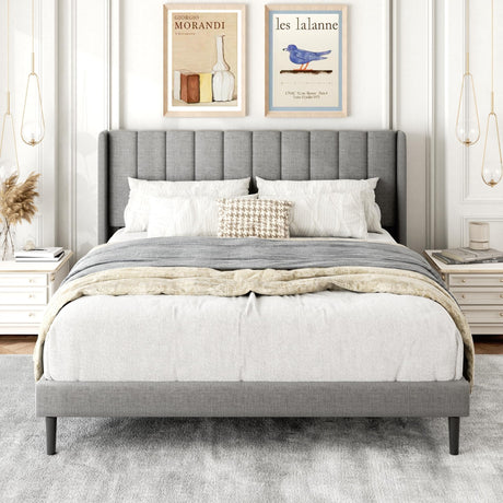 Gruwans Queen Size Bed Frame with Upholstered Wingback Headboard, Easy Assemnly Platform Bed, Wooden Slat Support No Box Spring Needed, Light Gray Gruwans