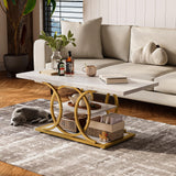GiftGo Rustic Coffee Table with Storage Modern 3 Tier Center Living Room Table Faux Marble Wooden Rectangle Cocktail Tea Table for Office Bedroom Elegant Full Moon Design (White Gold, L-47) GiftGo