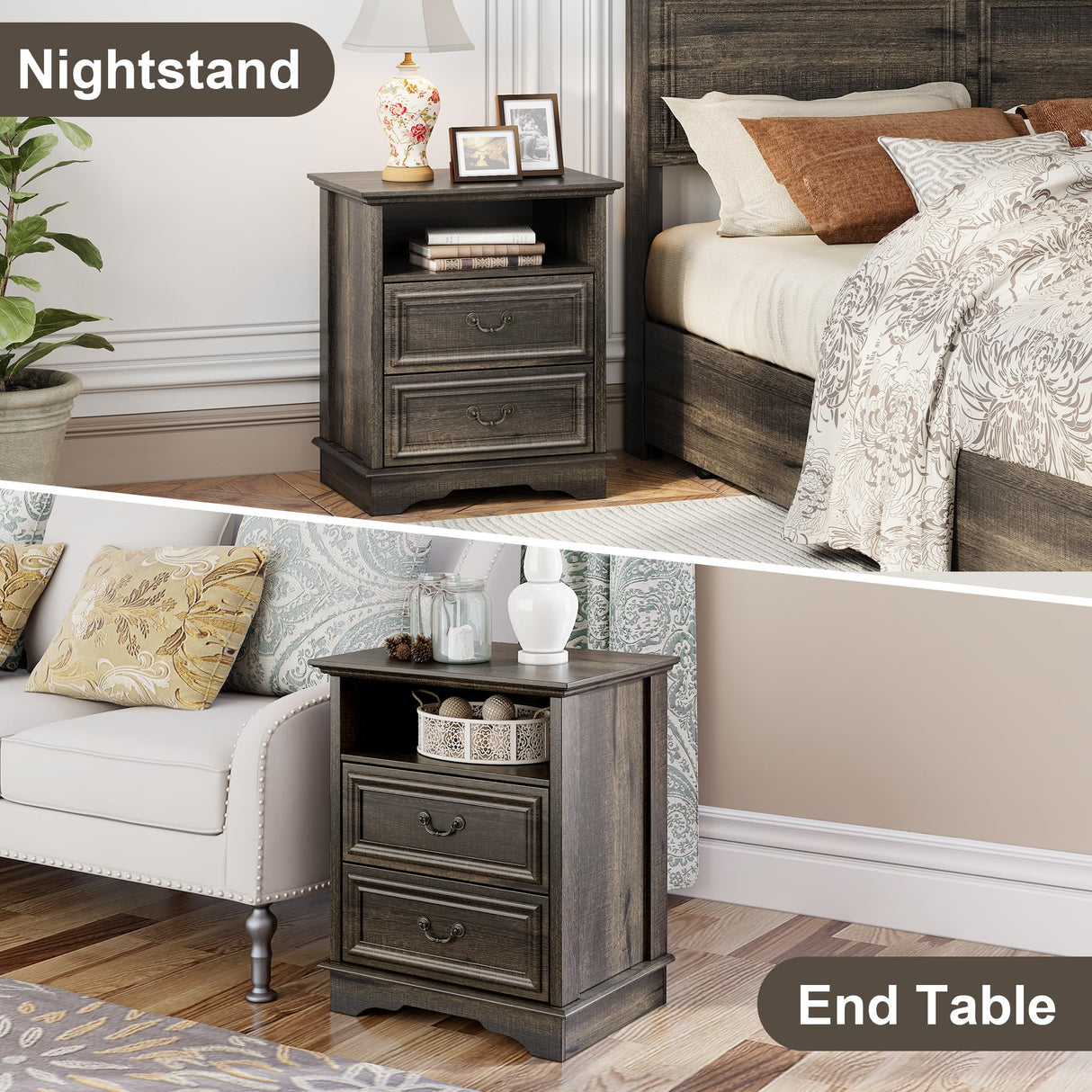 XIAO WEI Nightstand with Hidden Drawer, 25" Tall Farmhouse Bedside Table with 3 Drawers and 1 Open Shelf, Wood Rustic End Side Table, Small Dresser Drawers (Brownish Green Oak, 1PC) XIAO WEI