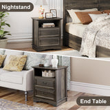 XIAO WEI Nightstand with Hidden Drawer, 25" Tall Farmhouse Bedside Table with 3 Drawers and 1 Open Shelf, Wood Rustic End Side Table, Small Dresser Drawers (Brownish Green Oak, 1PC) XIAO WEI