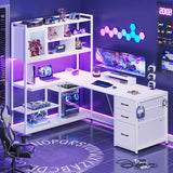 SEDETA 58'' L Shaped Computer Desk with 3 Drawers, Bookshelf, and LED Light for Home Office and Gaming SEDETA