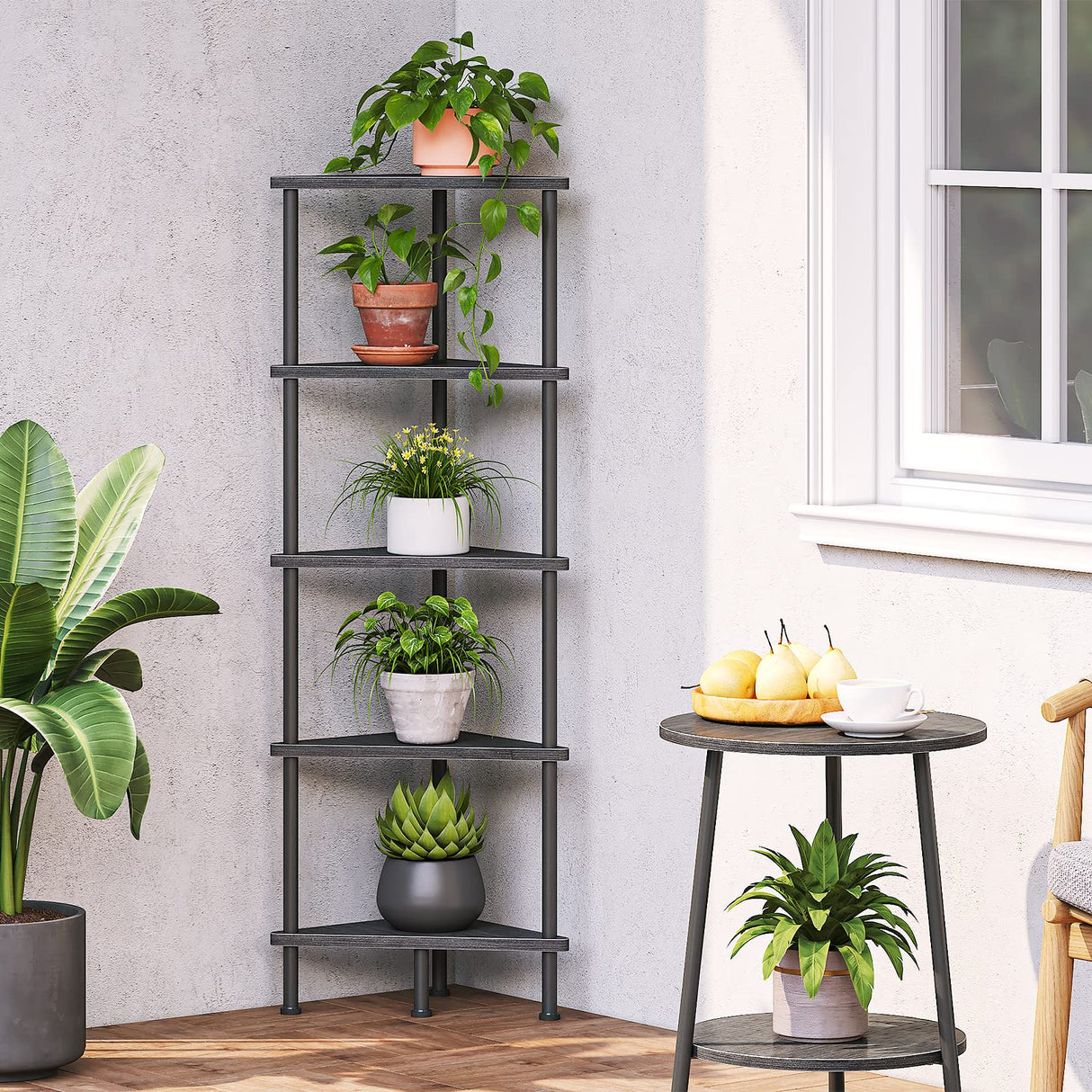 HOOBRO Corner Shelf Stand, Industrial 5-Tier Wall Corner Bookshelf with Metal Frame, Plant Corner Display Shelf, Corner Bookcase for Small Spaces, Bedroom, Living Room, Black BK33CJ01 HOOBRO