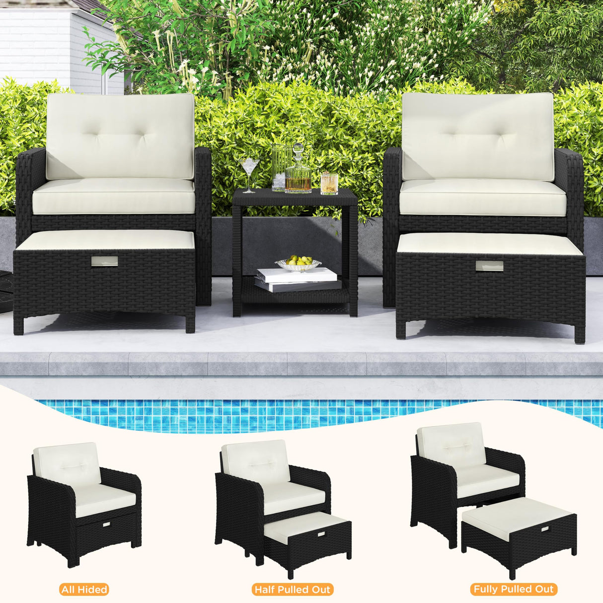 Yaheetech 5 Piece Patio Conversation Set with Ottomans, PE Wicker Balcony Furniture, Rattan Lounge Sofa with Cushions & Pillows, 2 Chairs & Side Table for Backyard, Porch, Garden, Black/Beige Yaheetech