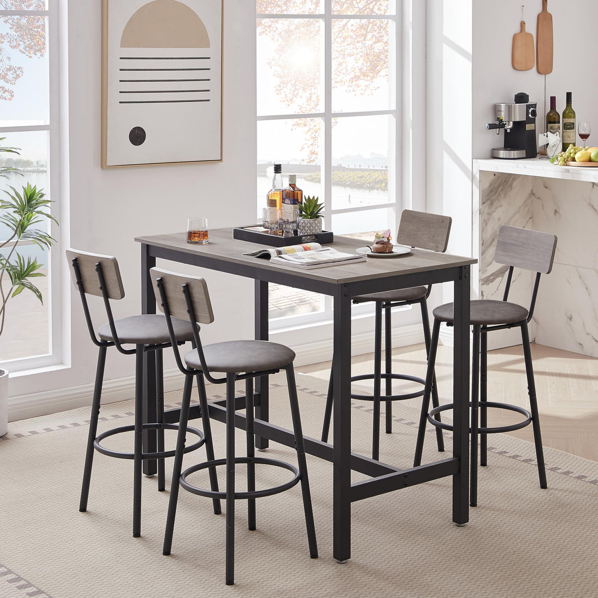 GLANZEND Industrial 5-Piece Counter Height Dining Set with PU Upholstered Stools - Grey GLANZEND