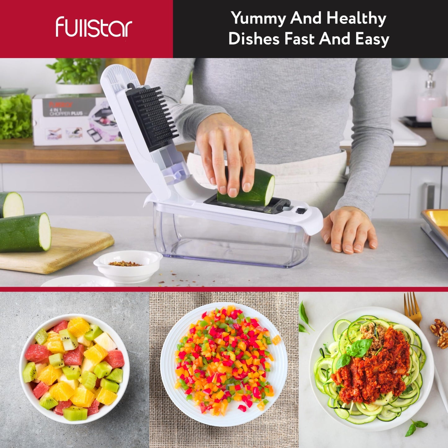 Fullstar Vegetable Chopper - Food Chopper - Onion Chopper - Vegetable Slicer & Spiralizer - Veggie Chopper with Container - Kitchen Gadgets - Home Essentials - Kitchen Accessories (4 in 1, White)