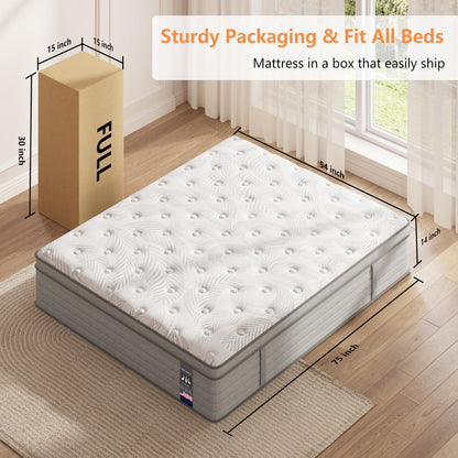 Full Size Mattress 14 inch, Medium Firm Hybrid Mattress with Cooling Gel Memory Foam, Full Mattress in a Box, Independent Spring for Motion Isolation, Pressure Relief & Upgraded Support, CertiPUR-US