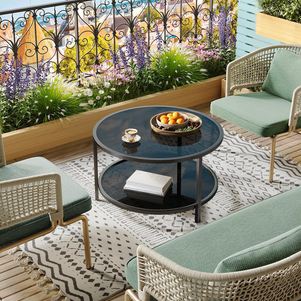 SAYGOER 27.6'' Round Coffee Table 2 Tier Black Glass Coffee Tables with Storage Shelf for Large or Small Space Modern Simple Sofa Table for Living Room Home Office, Easy Assembly… SAYGOER