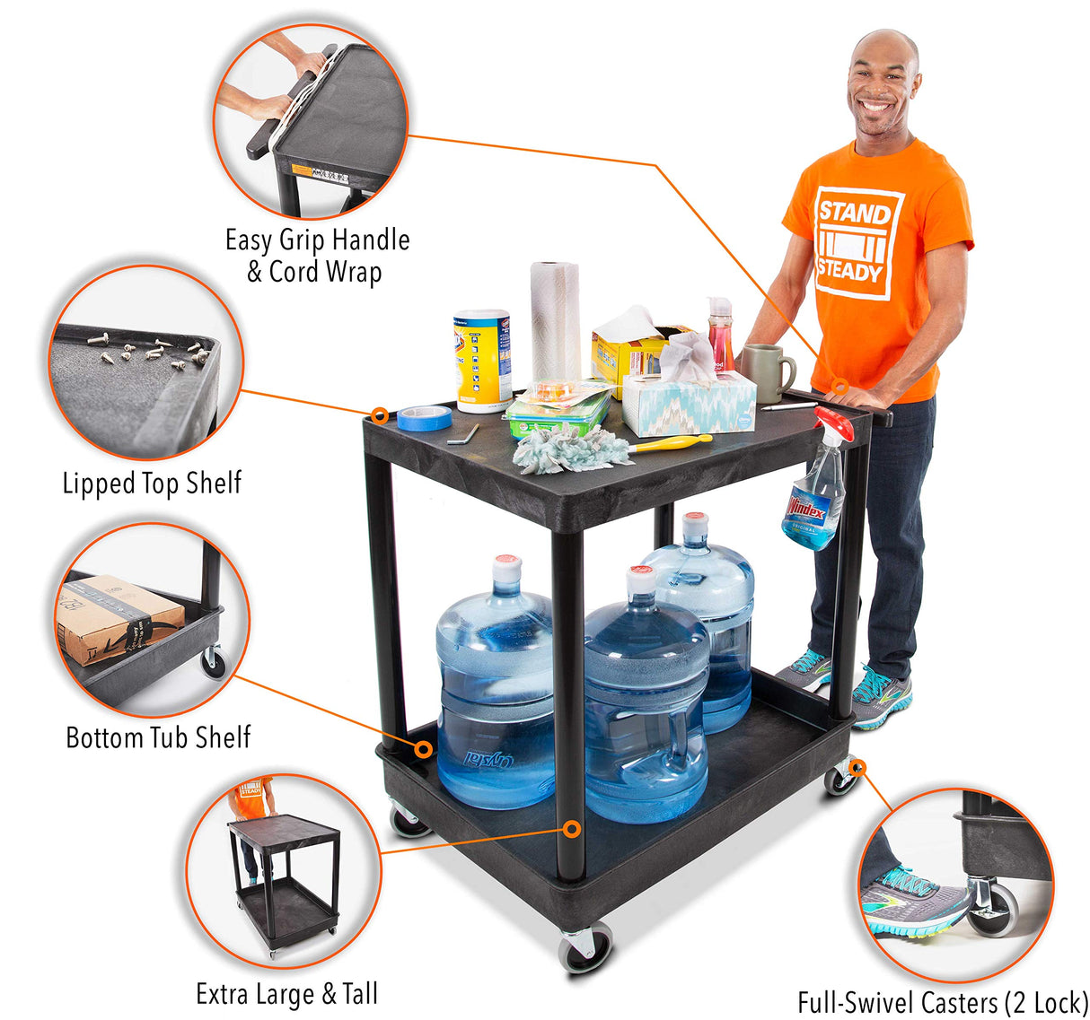 Stand Steady Tubstr Large 2 Shelf Utility Cart Supports Up to 200 lbs - Heavy Duty Hybrid Tub & Flat Shelf Cart, Rolling Storage Cart & Tool Cart for Stand Steady