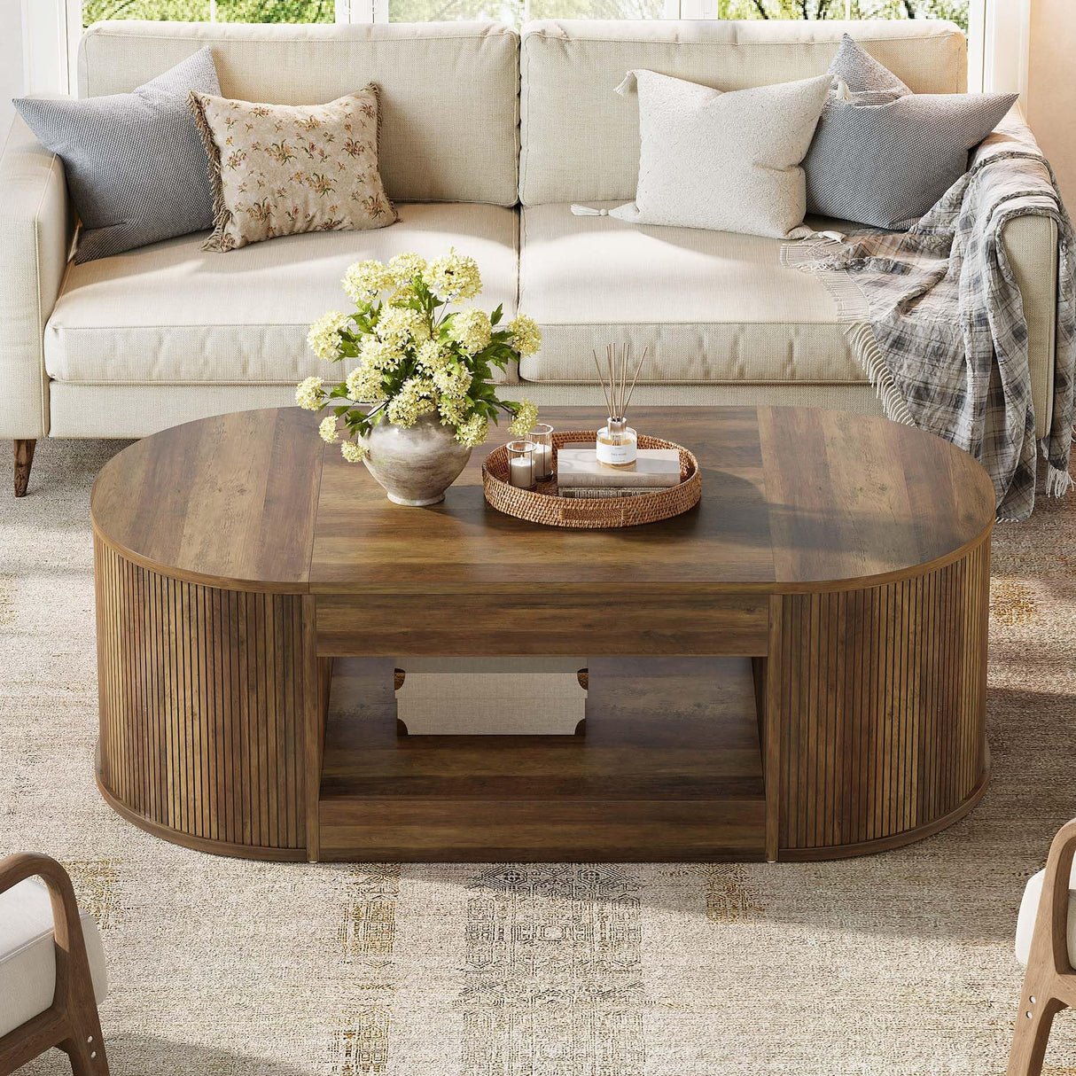 Tribesigns Farmhouse Coffee Table with Storage, 55-Inch Oval Center Table, 2-Tier Large Tea Table for Living Room, Office Reception, Rustic Brown Tribesigns